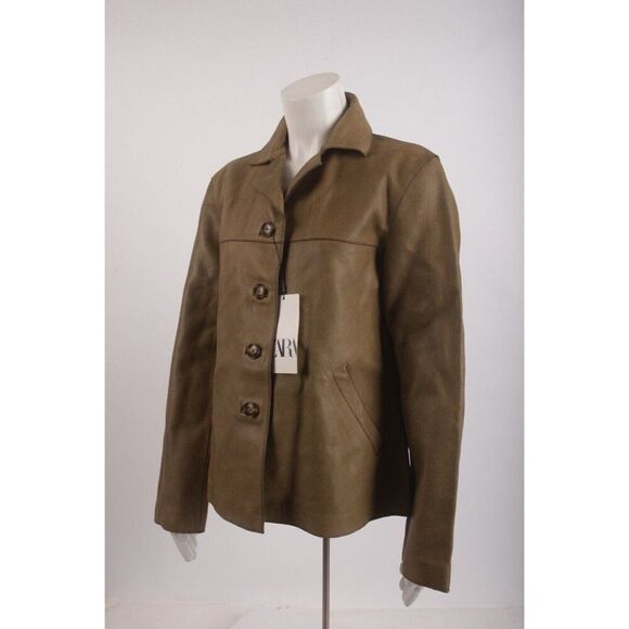 Zara Womens Leather Coat Jacket Straight Cut M Olive Green 2521/240 NWT $349 - Picture 3 of 6
